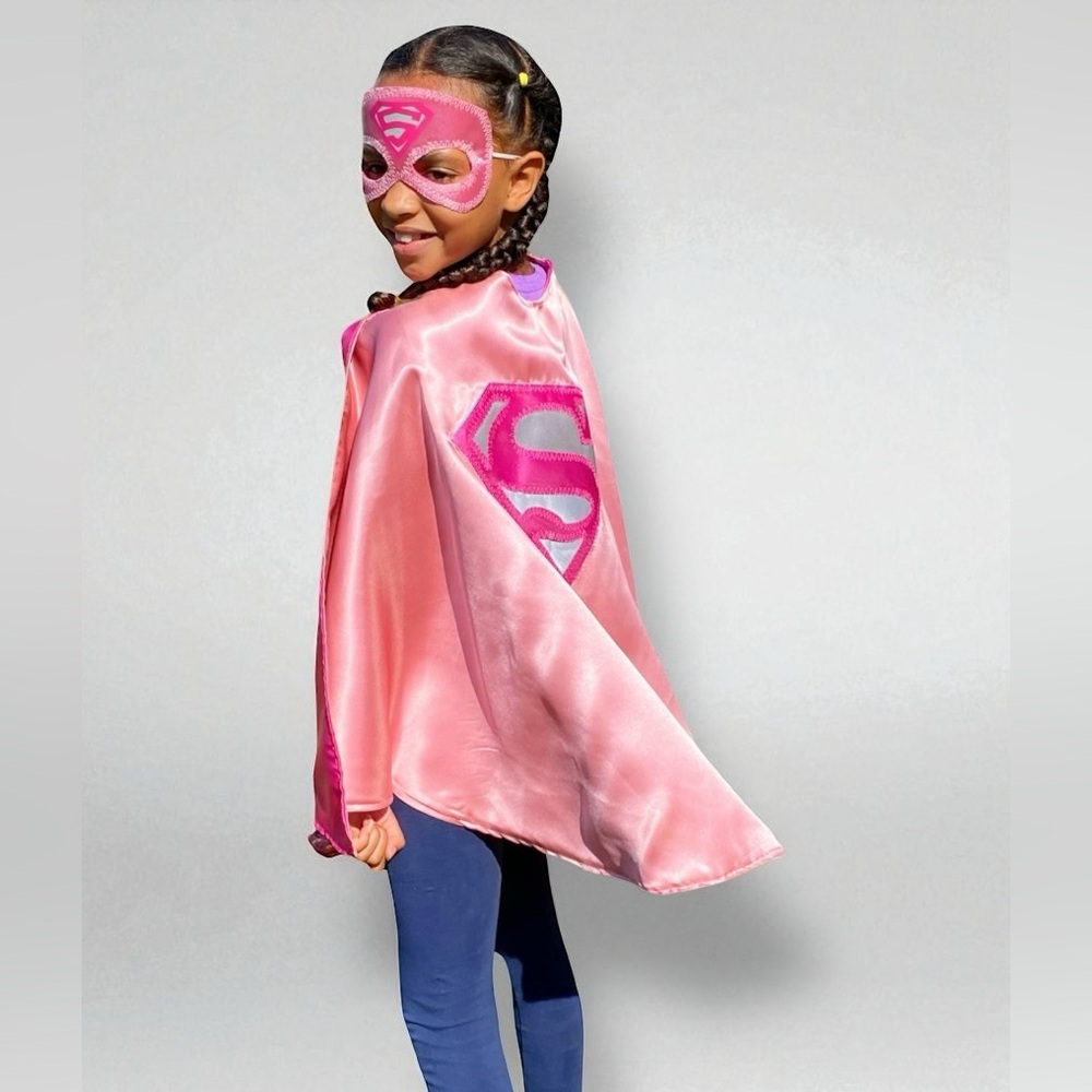 Satin Pink Girl Marvel Superman Cape and Mask Set: Perfect for Dress-Up Age 4-7